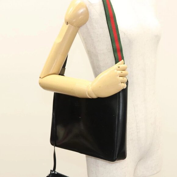 GUCCI Web Sherry Line Shoulder Bag Enamel Black Silver - Picture 1 of 16